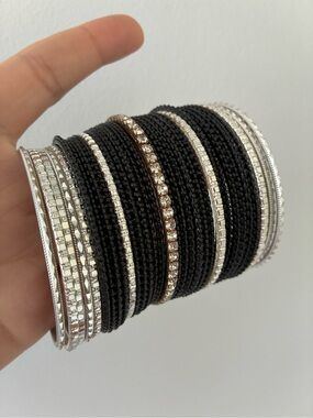 Black and Silver Bangle Set with Rhinestone Crystal Bangles